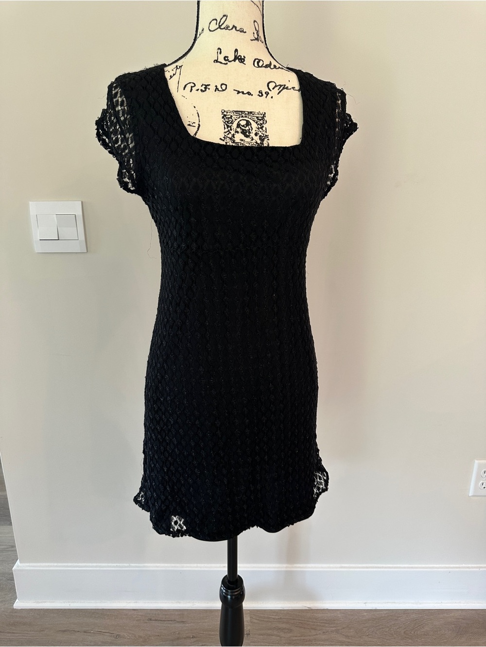 Vintage BeSmart Black Lace Square Neck Mini Dress size 9/10